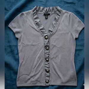 Alfani Women's Gray Short-Sleeve V-Neck Cardigan with Ruffle Placket, Size Med